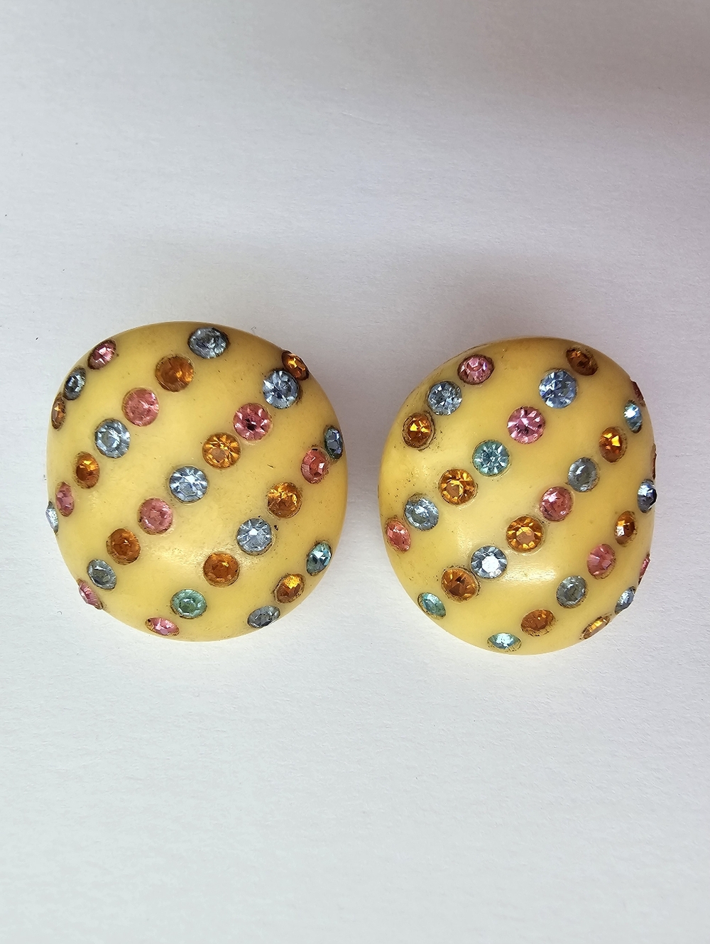 Mid-Century Mod Candy Button Earrings, Yellow & Colorful Rhinestones